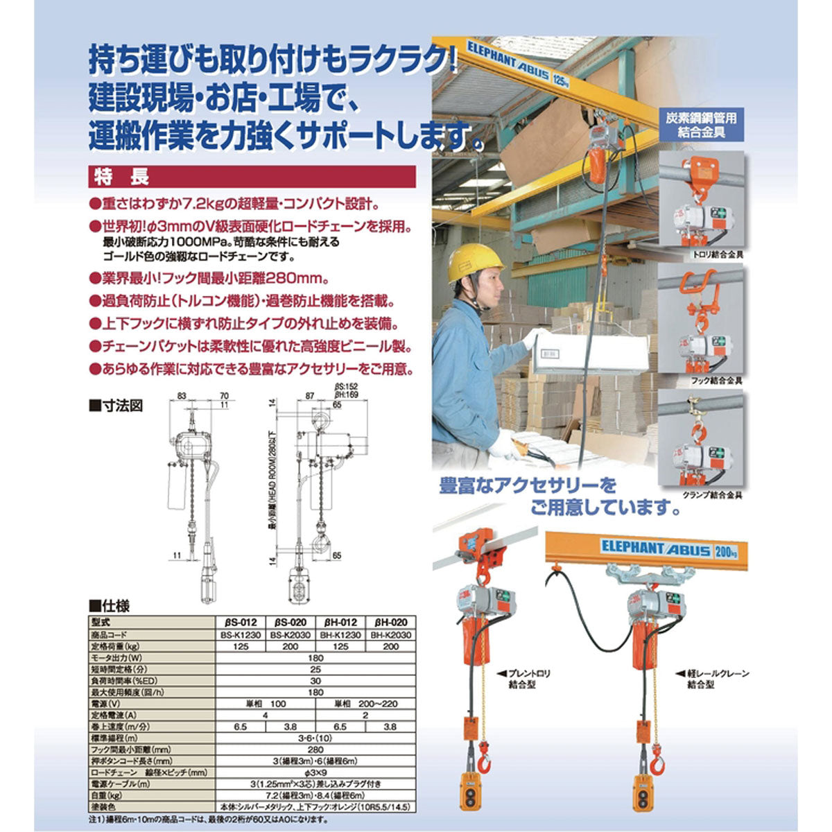 【直送品】象印チェンブロック ベータ βS型 βS-020 揚程6M 小型電動チェーンブロック 電動ホイスト クレーン BS-K2060