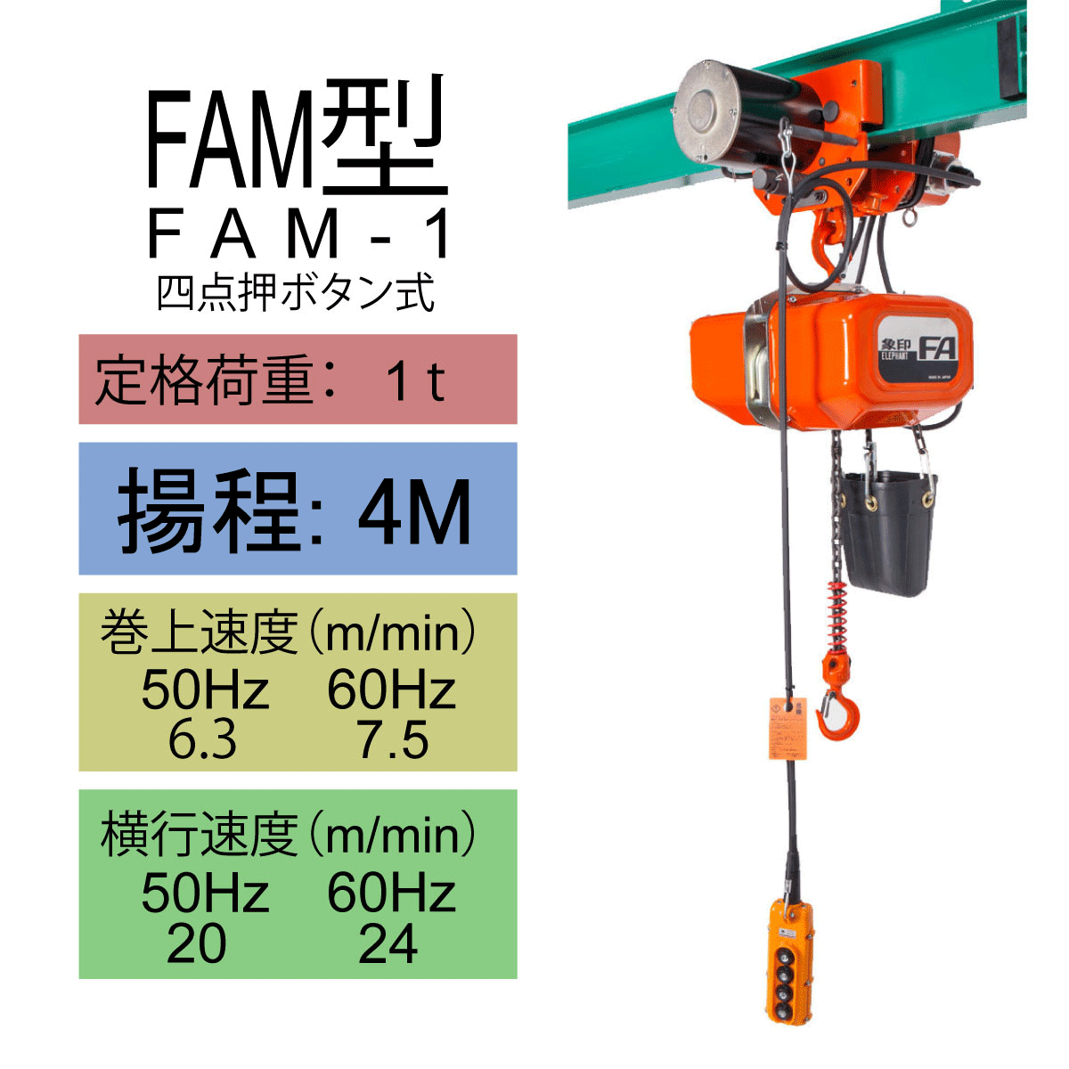 【直送品】象印チェンブロック　FAM型　FAM-1　揚程4M　電気チェーンブロック　電動ホイスト　クレーン FAM-1-4