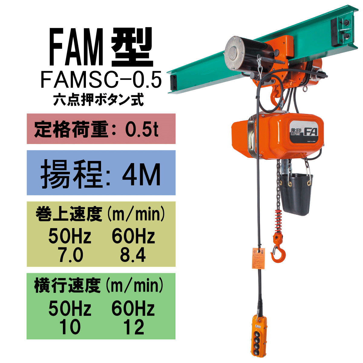 象印 FAM型 電気トロリ結合式電気チェーンブロック FAMSC-0.5 0.5t 揚程4m 電 動ホイスト クレーン 1101-FAMSC-00540