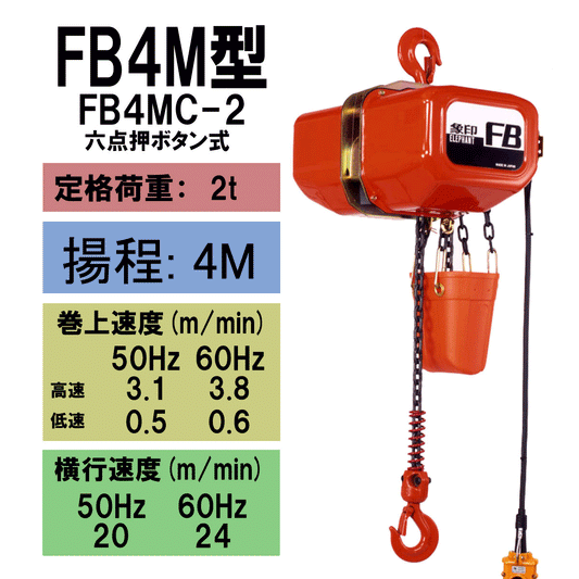 象印 FB4M型 電気トロリ結合式電気チェーンブロック FB4MC-2 2t 揚程4m 電動ホ イスト クレーン 1103-F4MC-02040