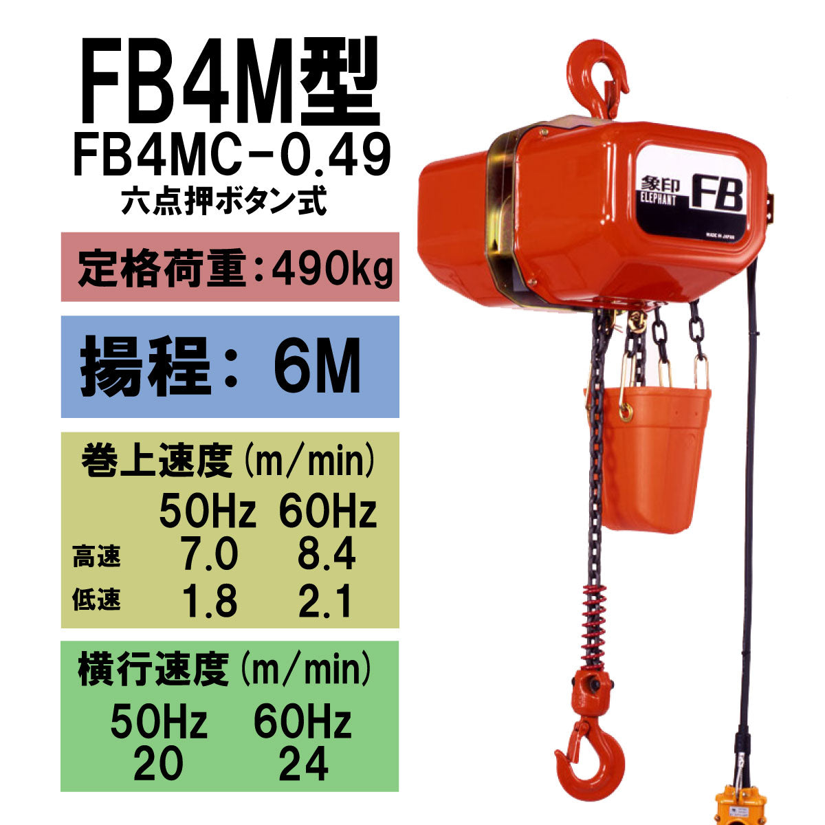 象印 FB4M型 電気トロリ結合式電気チェーンブロック FB4MC-0.49 490kg 揚程6m 電動ホイスト クレーン 1103-F4MC-K4960