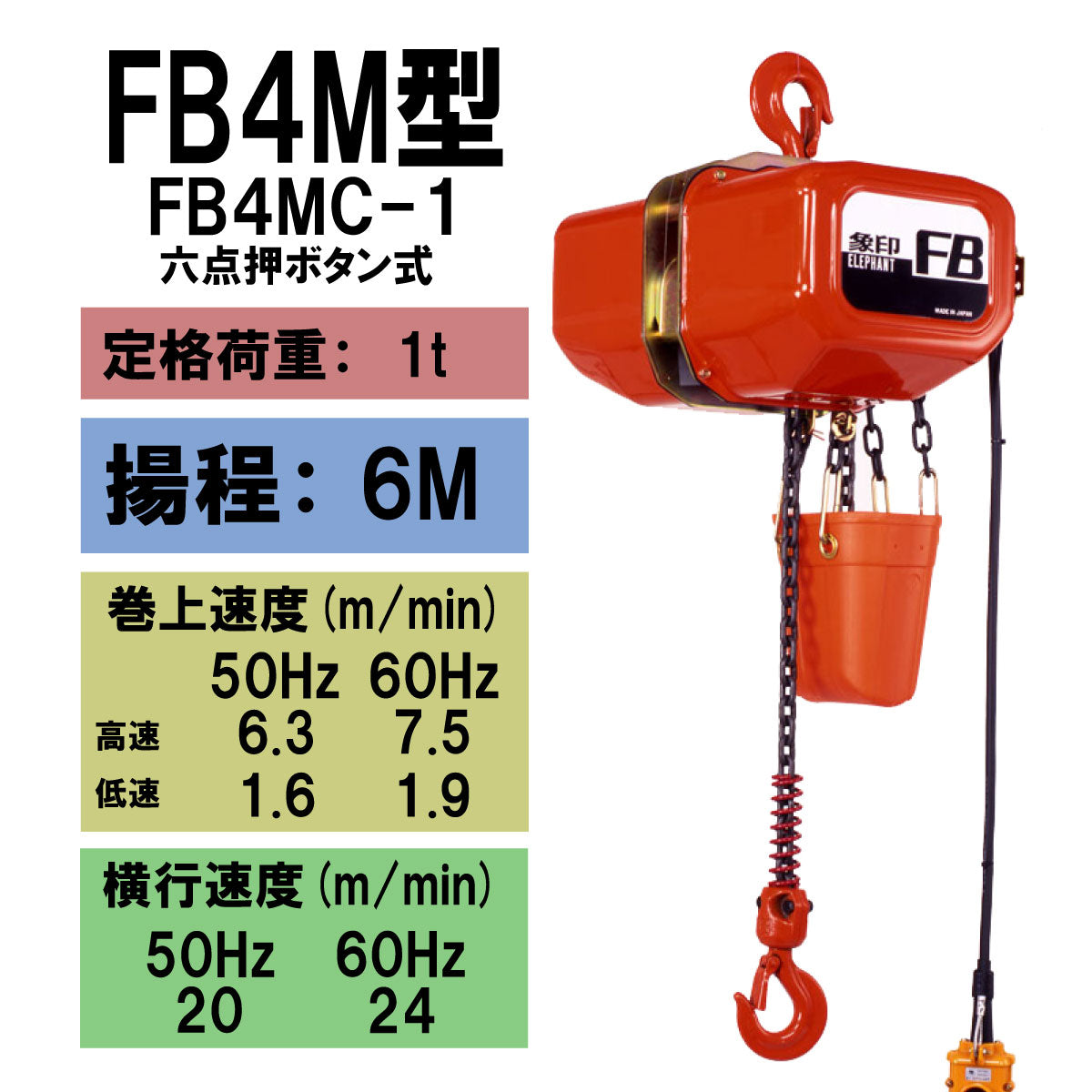 象印 FB4M型 電気トロリ結合式電気チェーンブロック FB4MC-1 1t 揚程6m 電動ホ イスト クレーン 1103-F4MC-01060
