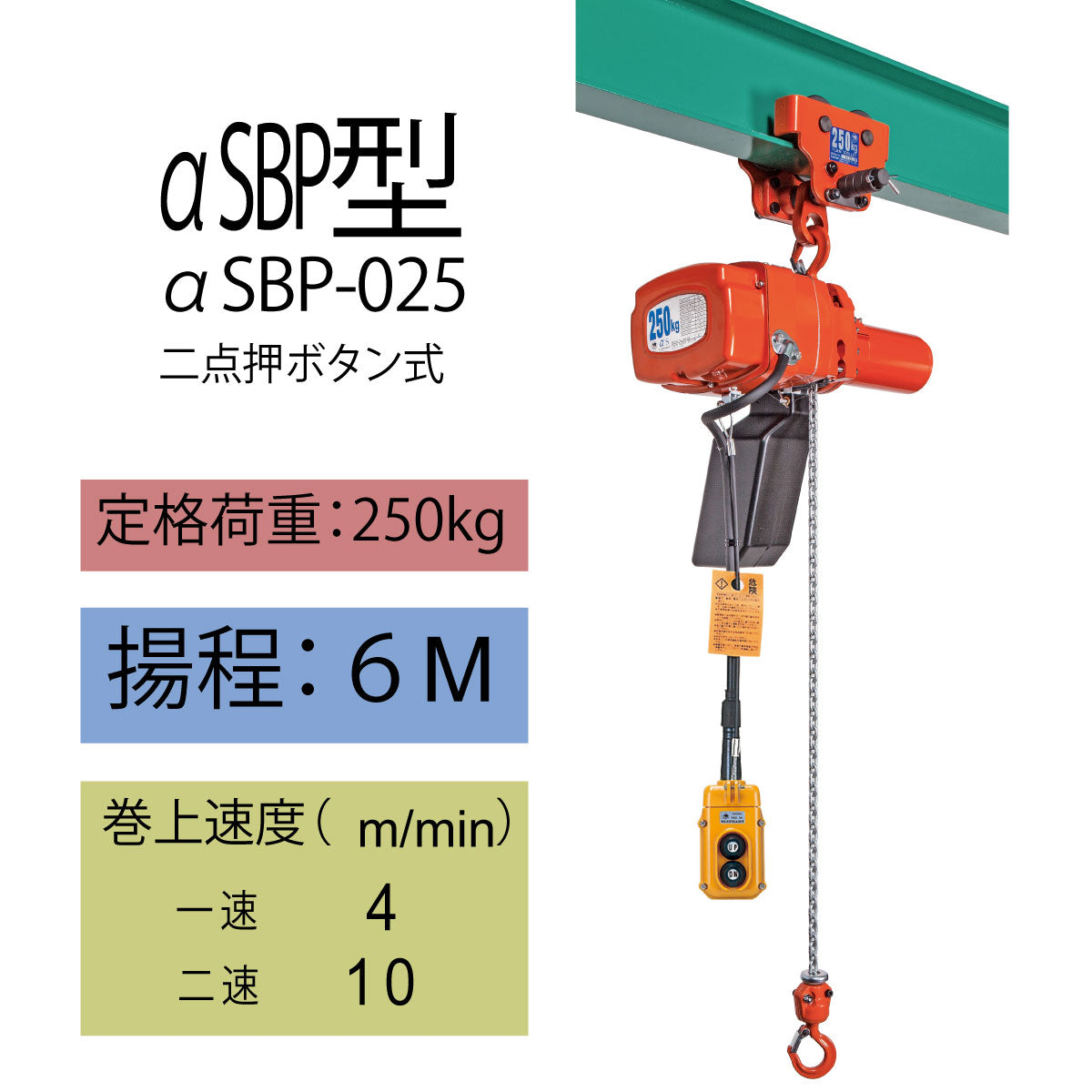 象印 αSBP型 プレントロリ結合式小型電気チェーンブロック αSBP-025 250kg 揚程6m 二速型 1105-αSBP-K2560