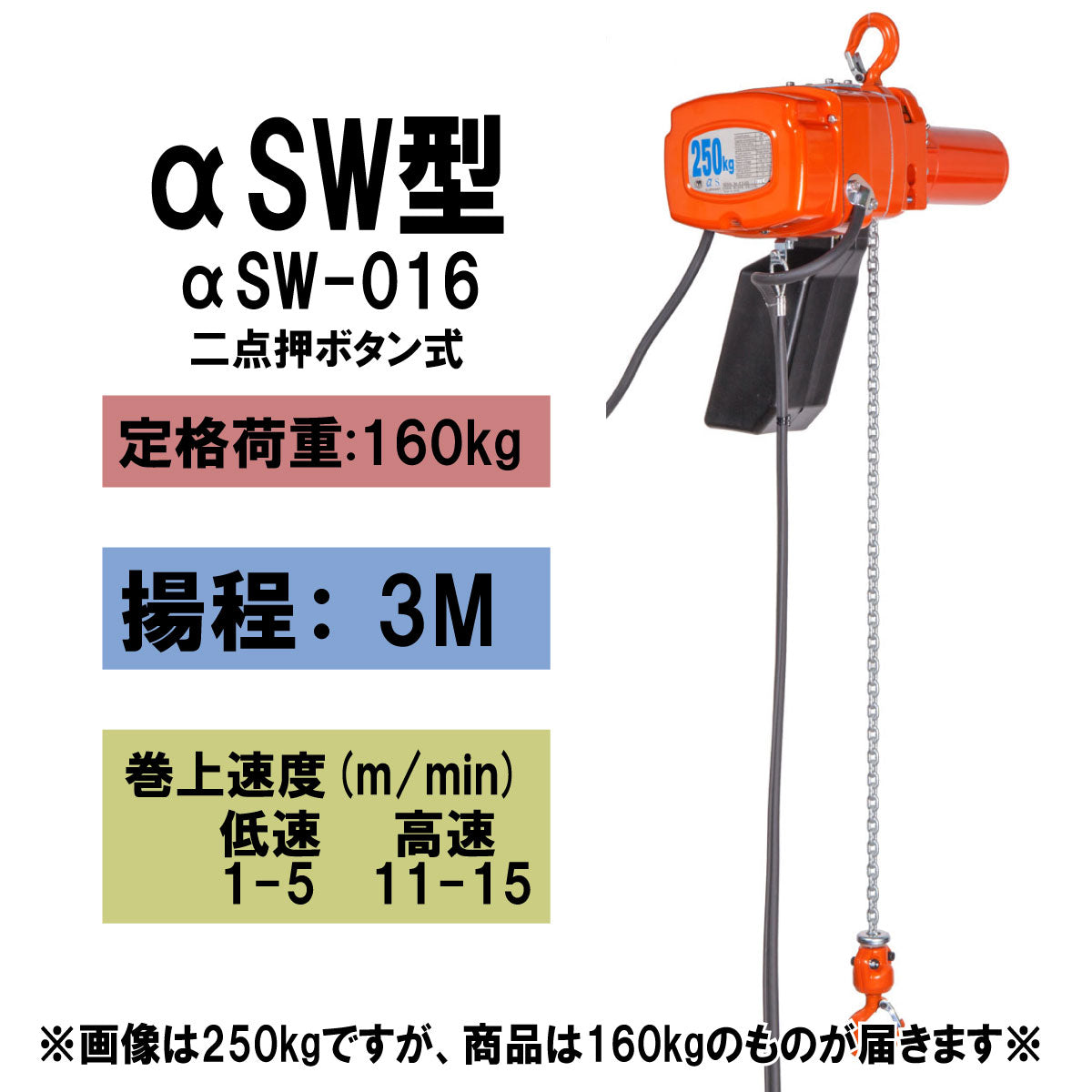 【直送品】象印チェンブロック　αSW型　αSW-016　揚程3Ｍ　単相100V用　電気チェーンブロック　電動ホイスト　クレーン ASW-1630